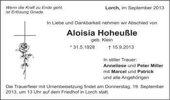 Traueranzeige von Aloisia Hoheußle von Gmünder Tagespost