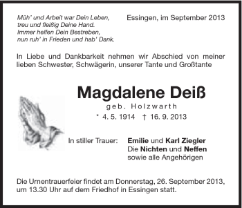 Traueranzeige von Magdalena Deiss von Schwäbische Post
