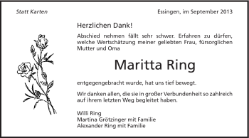 Traueranzeige von Maritta Ring von Schwäbische Post