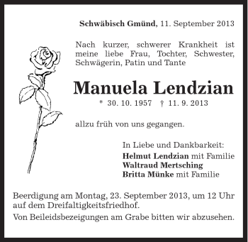 Traueranzeige von Manuela Lendzian von Gmünder Tagespost