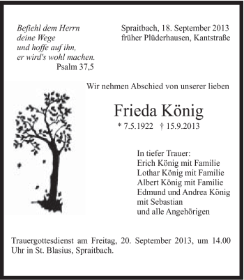Traueranzeige von Frieda König von Gmünder Tagespost