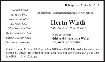 Traueranzeige von Herta Wirth von Gmünder Tagespost