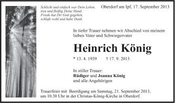 Traueranzeige von Heinrich König von Schwäbische Post