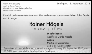 Traueranzeige von Rainer Hägele von Schwäbische Post