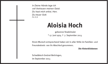 Traueranzeige von Aloisia Hoch von Gmünder Tagespost
