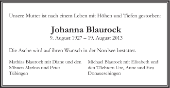 Traueranzeige von Johanna Blaurock von Gmünder Tagespost