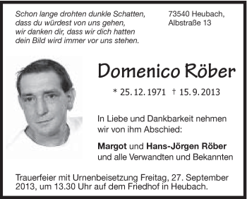 Traueranzeige von Domenico Röber von Gmünder Tagespost
