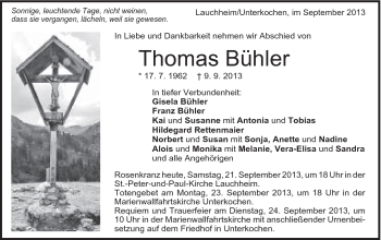 Traueranzeige von Thomas Bühler von Schwäbische Post