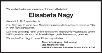Traueranzeige von Elisabeta Nagy von Schwäbische Post