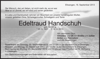 Traueranzeige von Edeltraud Handschuh von Schwäbische Post