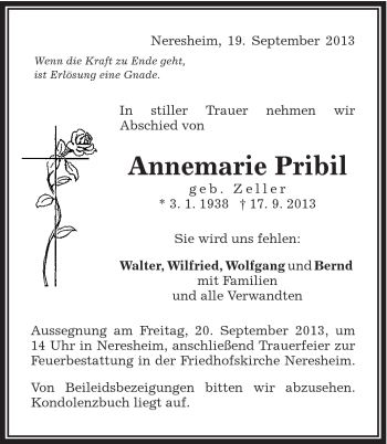 Traueranzeige von Annemarie Pribil von Schwäbische Post
