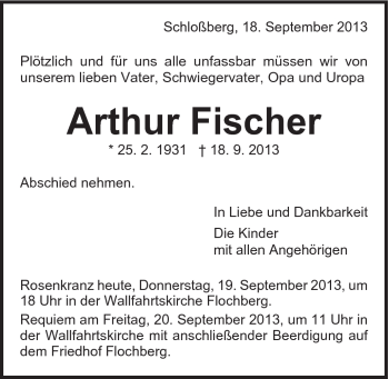 Traueranzeige von Arthur Fischer von Schwäbische Post
