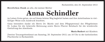 Traueranzeige von Anna Schindler von Schwäbische Post