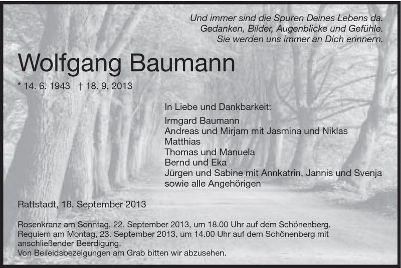  Traueranzeige für Wolfgang Baumann vom 20.09.2013 aus Schwäbische Post