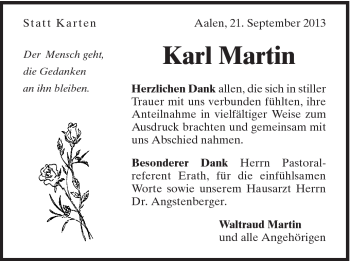 Traueranzeige von Karl Martin von Schwäbische Post