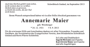 Traueranzeige von Annemarie Maier von Gmünder Tagespost
