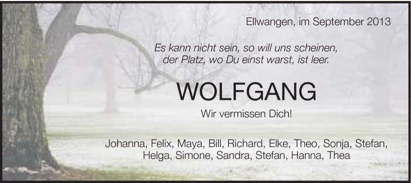  Traueranzeige für Wolfgang Baumann vom 21.09.2013 aus Schwäbische Post