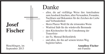 Traueranzeige von Josef Fischer von Gmünder Tagespost