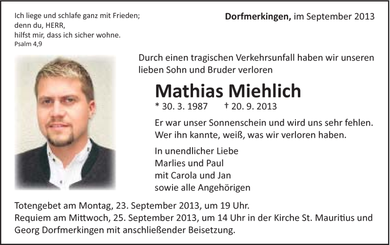  Traueranzeige für Mathias Miehlich vom 21.09.2013 aus Schwäbische Post
