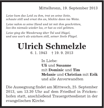 Traueranzeige von Ulrich Schmelzle von Gmünder Tagespost