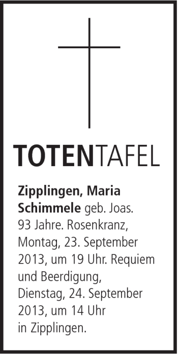 Traueranzeige von Maria Schimmele von Schwäbische Post