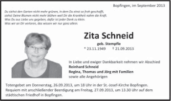 Traueranzeige von Zita Schneid von Schwäbische Post
