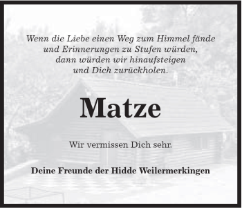 Traueranzeige von Matze Matze von Schwäbische Post