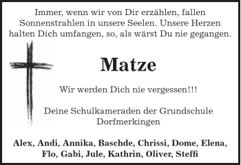 Traueranzeige von Matze Matze von Schwäbische Post