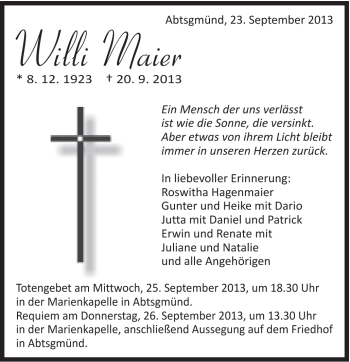 Traueranzeige von Willi Maier von Schwäbische Post