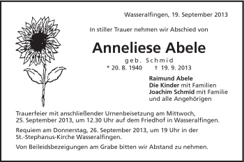 Traueranzeige von Anneliese Abele von Schwäbische Post