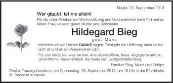 Traueranzeige von Hildegard Bieg von Schwäbische Post