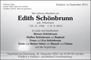 Traueranzeige von Edith Schönbrunn von Gmünder Tagespost