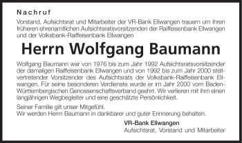 Traueranzeige von Wolfgang Baumann von Schwäbische Post