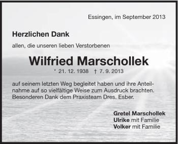 Traueranzeige von Wilfried Marschollek von Schwäbische Post
