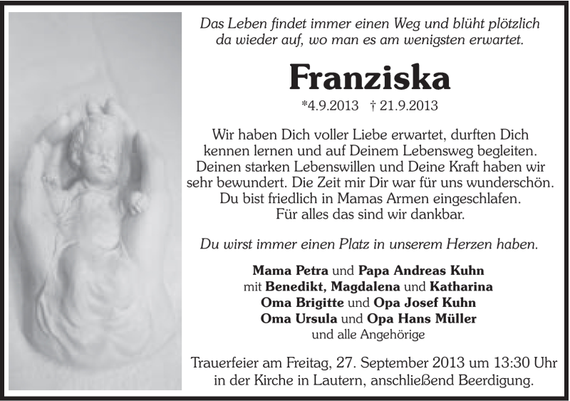  Traueranzeige für Franziska . vom 25.09.2013 aus Gmünder Tagespost