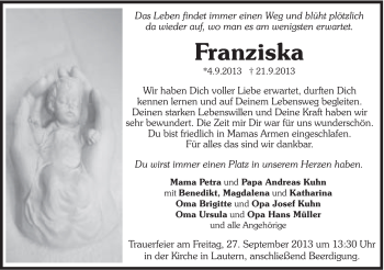 Traueranzeige von Franziska . von Gmünder Tagespost