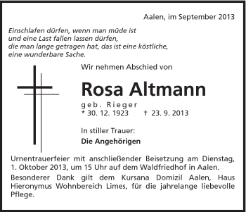 Traueranzeige von Rosa Altmann von Schwäbische Post