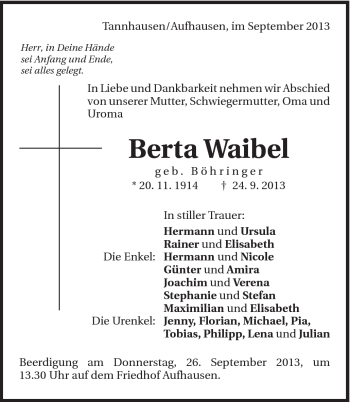 Traueranzeige von Berta Waibel von Schwäbische Post