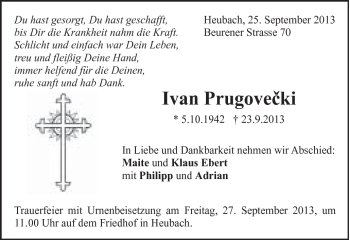 Traueranzeige von Ivan Prugovecki von Gmünder Tagespost