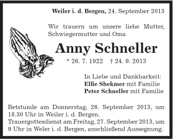 Traueranzeige von Anny Schneller von Gmünder Tagespost