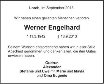 Traueranzeige von Werner Engelhard von Gmünder Tagespost