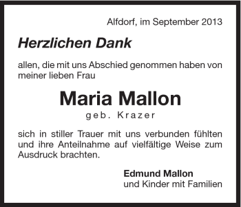 Traueranzeige von Maria Mallon von Gmünder Tagespost