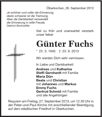 Traueranzeige von Günter Fuchs von Schwäbische Post