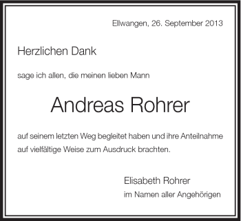Traueranzeige von Andreas Rohrer von Schwäbische Post