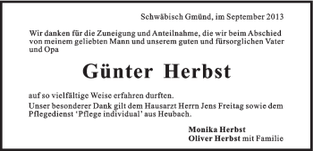 Traueranzeige von Günter Herbst von Gmünder Tagespost