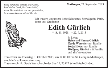 Traueranzeige von Edith Gürlich von Gmünder Tagespost