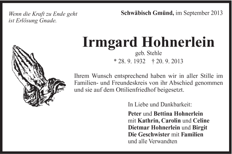  Traueranzeige für Irmgard Hohnerlein vom 28.09.2013 aus Gmünder Tagespost