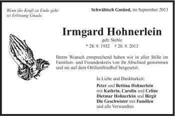 Traueranzeige von Irmgard Hohnerlein von Gmünder Tagespost