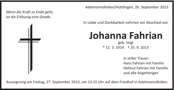 Traueranzeige von Johanna Fahrian von Schwäbische Post