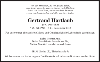 Traueranzeige von Gertraud Hartlaub von Gmünder Tagespost